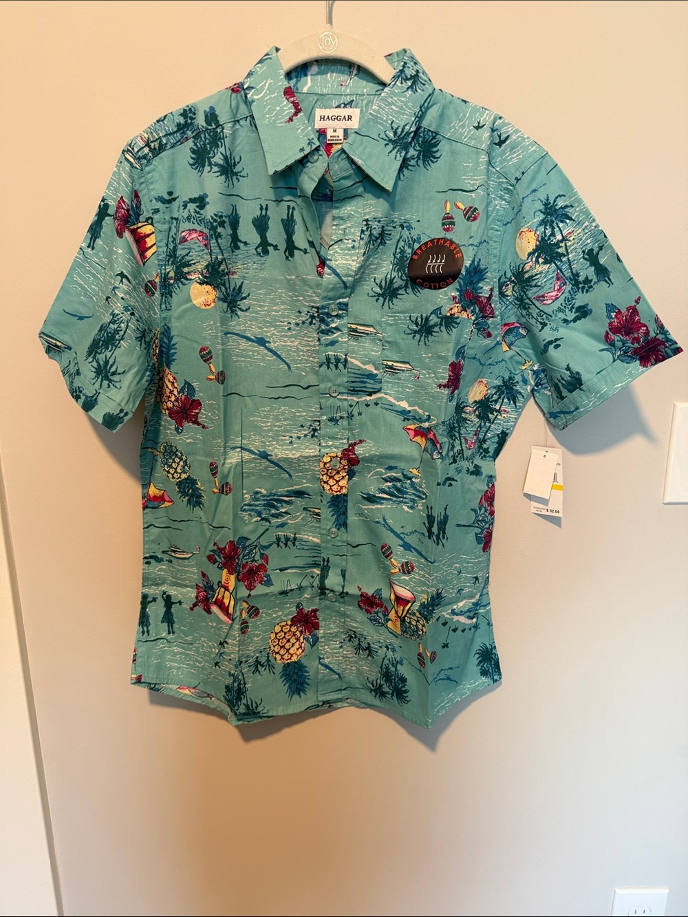 Haggar Teal Tropical Print Short-Sleeve Shirt- Medium NWT